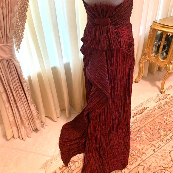 Burgundy strapless formal gown with train. 49 inches long, petite (size 8) - Picture 3 of 5